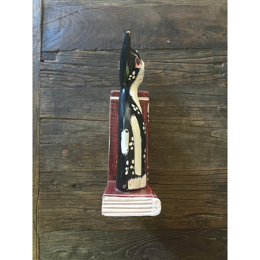 Vintage Indonesian Wooden Cat Bookend Folk Art Black White Cat Shelf Decor - Picture 9 of 9